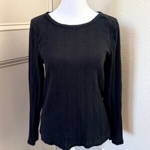 Sundance Black Long Sleeve Cotton Top Scalloped Neckline Size Large Fitted